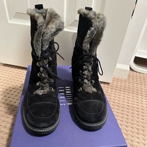 Stuart Weitzman black suede boots with grey fur inside size M10